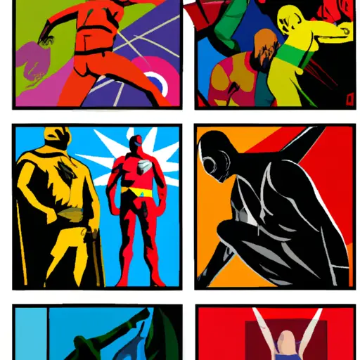 Paneles coloridos con superhéroes icónicos, personajes diversos, escenas de acción y un estilo que mezcla lo vintage y lo moderno