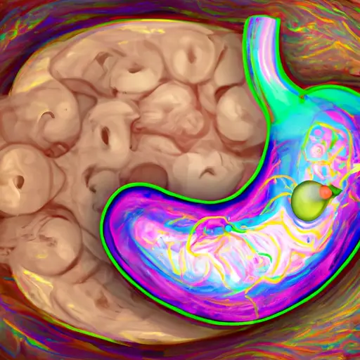 Imagen abstracta de un estómago humano con conexiones neuronales y elementos de diseño vibrantes que representan la comunicación