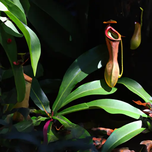 Una exuberante planta de Nepenthes rajah con hojas verdes y formas de jarra intrincadas, en un fondo de selva tropical con luz solar filtrándose entre el follaje