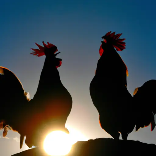 Gallos cantando al amanecer en un paisaje natural lleno de colores vibrantes y patrones dinámicos