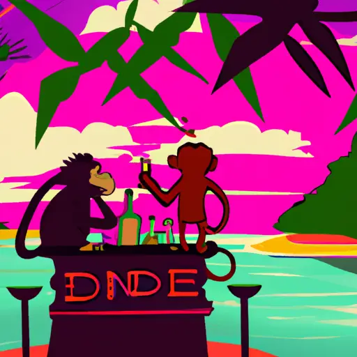 Escena de una isla tropical con colores vibrantes, monos juguetones, un bar vintage y un atardecer de fondo