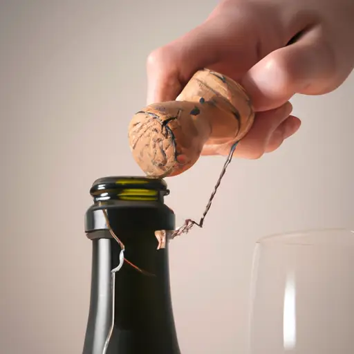 Una mano retira un corcho de una botella de cava, dejando escapar burbujas en un ambiente festivo