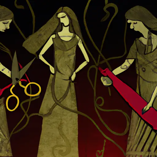 Tres figuras que representan el destino, tejiendo hilos y sosteniendo tijeras, en una atmósfera oscura y ominosa con elementos griegos antiguos y colores sombríos
